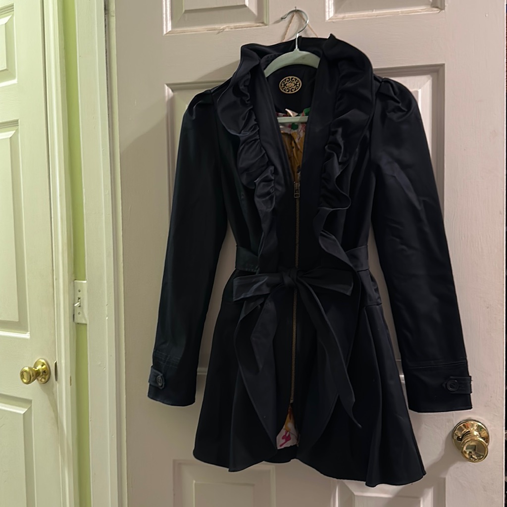 Anthropologie Black Ruffle Front Trench Coat